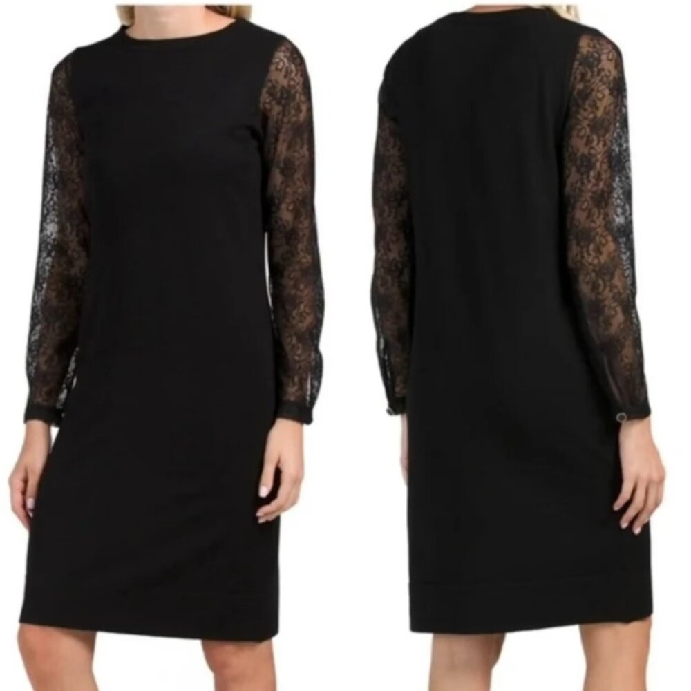 NWT Nicole Miller Classic Minimalist Lace Sleeve Sheath Cocktail LBD - Size L